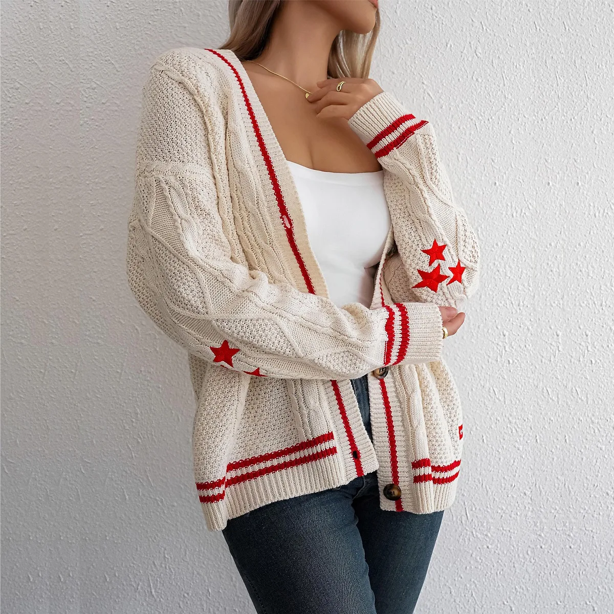 

Star Embroidery Knitted Cardigan Women Winter Casual Lazy Long Sleeve V Neck Loose Sweater Coat Button Knitwear Outerwear 2024