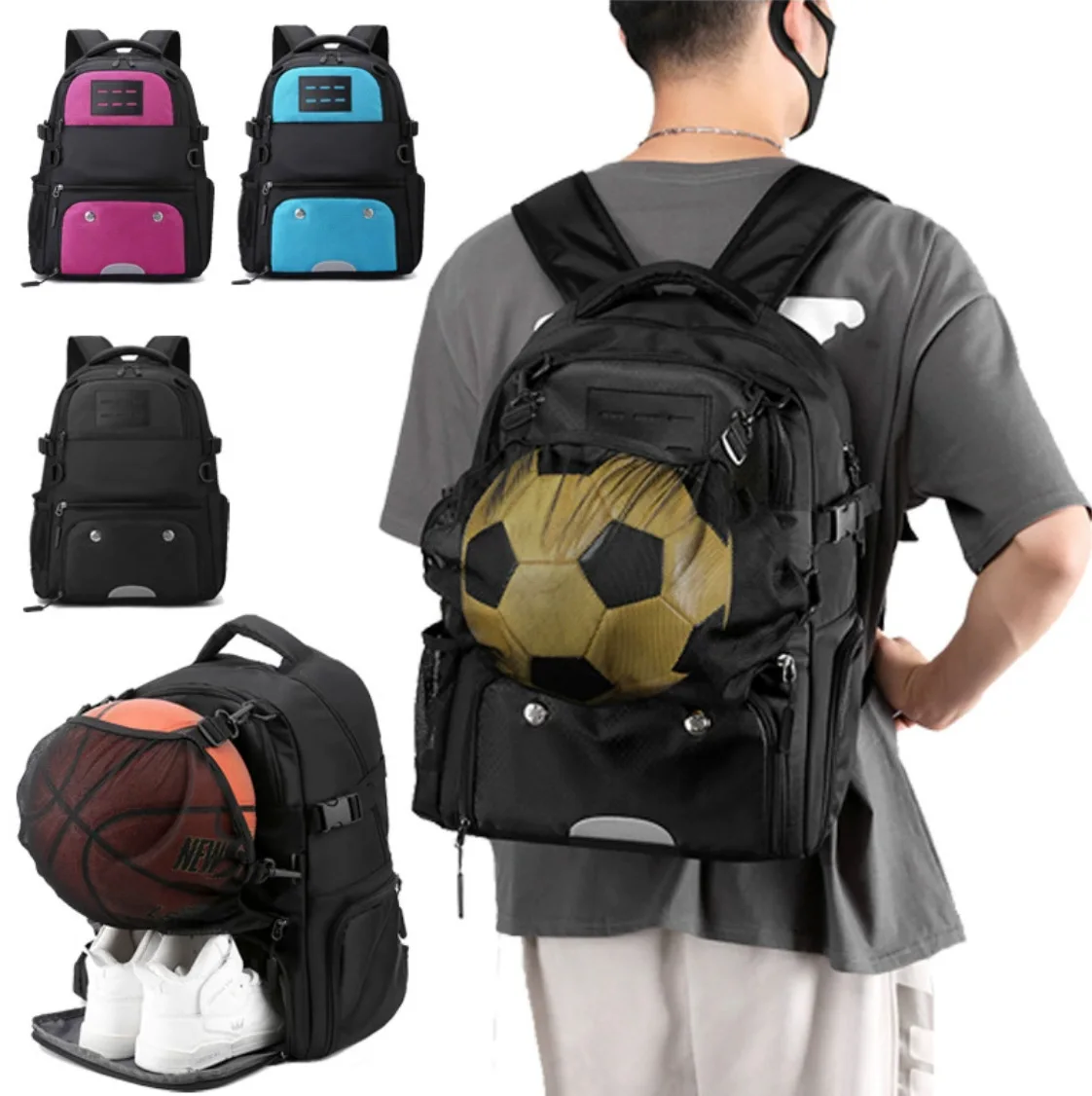 Wear-resistant Oxford fabric sports backpack, basketball and football storage, independent shoe compartment, waterproof backpack