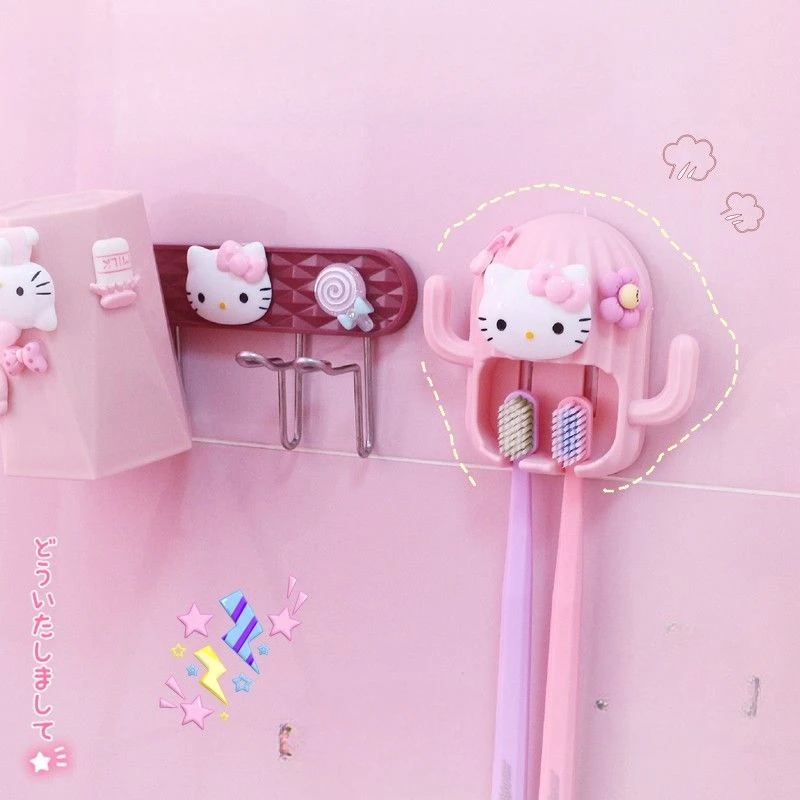 New Sanrio Hello Kitty kuromi my melody cartoon cute toothbrush holder bathroom convenient punch-free wall-mounted storage rack