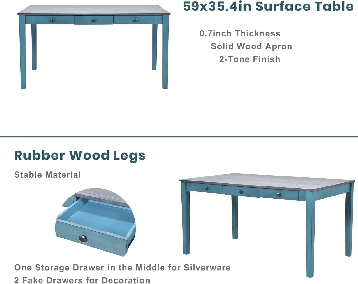 [Heißer Verkauf, jetzt kaufen! ]Esstisch-Set für 6 Personen mit Stühlen in Blau, 6-teiliges Küchentisch- und Bank-Set mit Schubladen, Bauernhaus