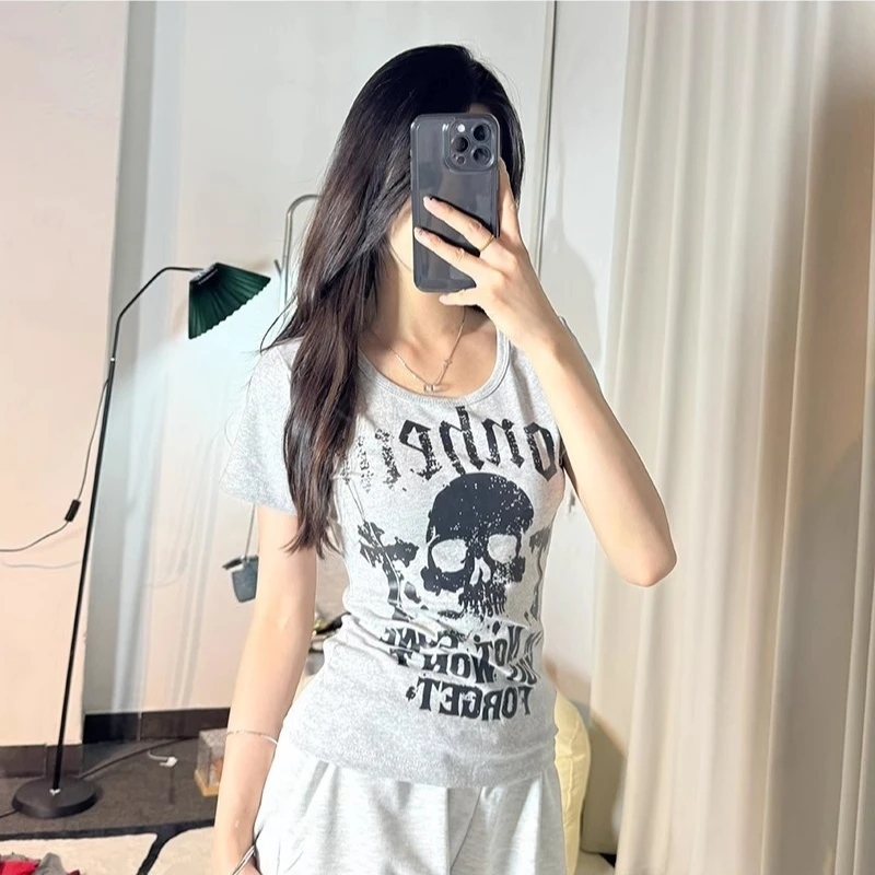 Women's T-shirt Short Sleeve Grey Summer Gothic Style Vintage T-shirts Skeleton Letter Print Punk Slim Top Trend Goth Tees Y2k