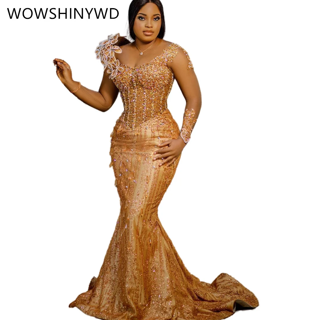 2024 Aso Ebi Mermaid Gold Prom Dresses Beaded Crystals Evening Formal Party Second Engagement Birthday Gowns Dresses ZJ84