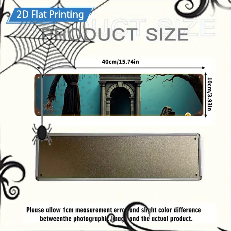 1 قطعة 4x16 بوصة علامة معدنية للهالوين 2D علامة معدنية مسطحة-ساحرة مخيفة، ديكور مشهد الباب والشجرة