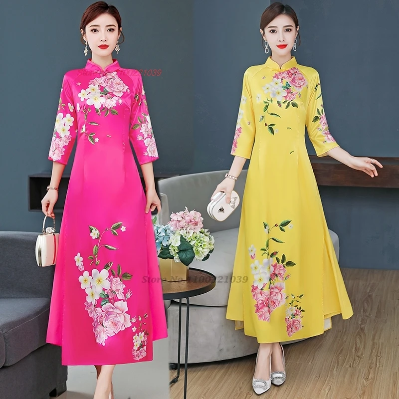 

2025 chinese improved qipao a-line dress national flower print vietnam aodai traditional dress oriental banquet evening dress