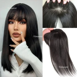 Women Silk Base Human Hair Topper with Air Bangs Virgin European Remy Hair Cover Hand Tied Silk Top Hairpiece with Side Bangs