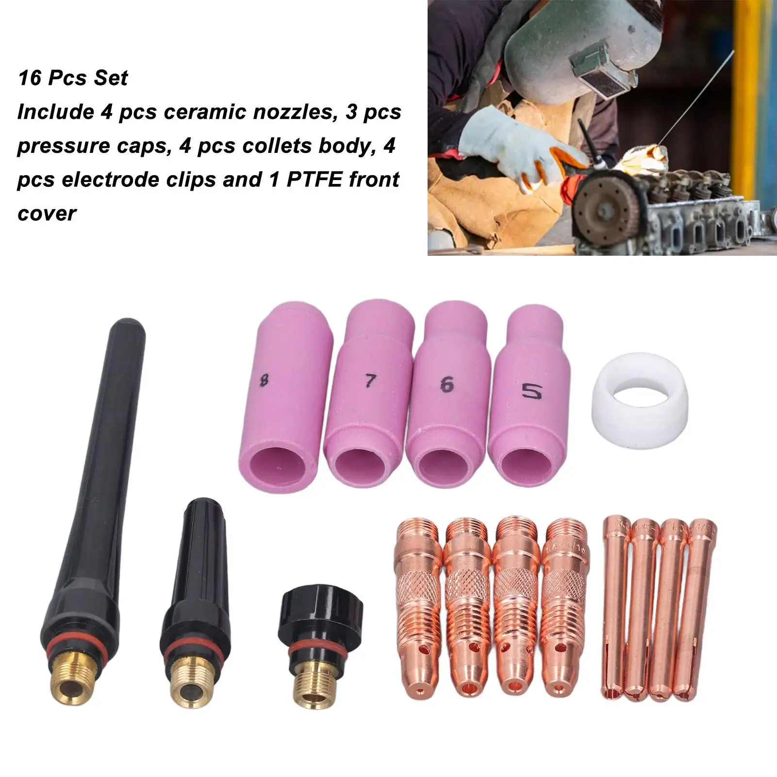 16 Pcs Welding Torch Kit - Ceramic Nozzles, Pressure Collets, Electrode Clips & PTFE Front Cover Accessories