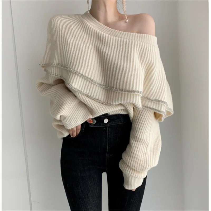 

Chic Retro round Ne Double Layered Long Sve Knitted Sweater Spring Autumn Color Blo Design Loose Fit Ladies Knitwear