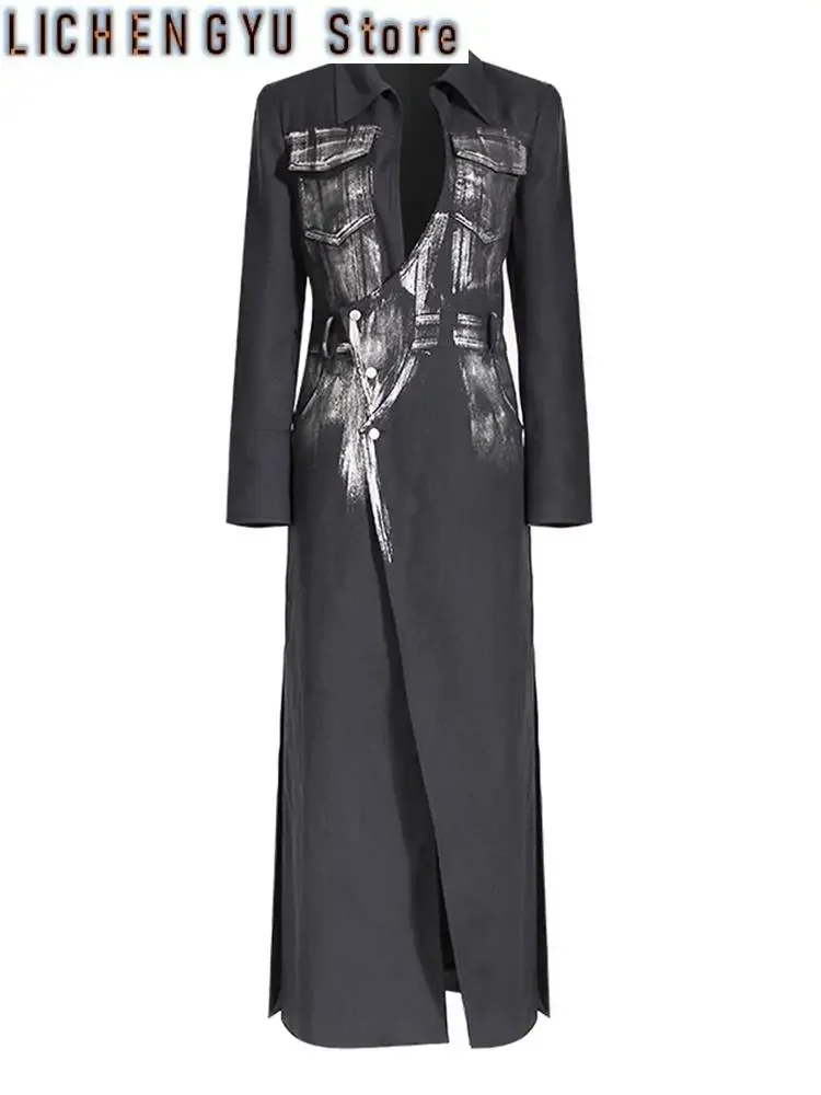 Women Black Paint Irregular Slit Long Elegant Blazer New Lapel Long Sleeve Jacket Fashion Tide Spring Autumn