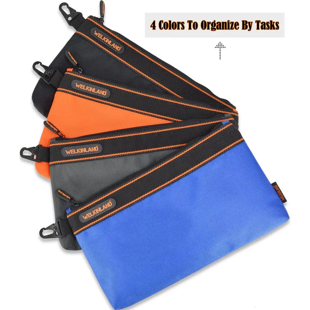 Multi-Task Spacious Small Zippered Tool Pouches 4-Pack Set Orange Black Grey Blue Clip-On Electricians Bag