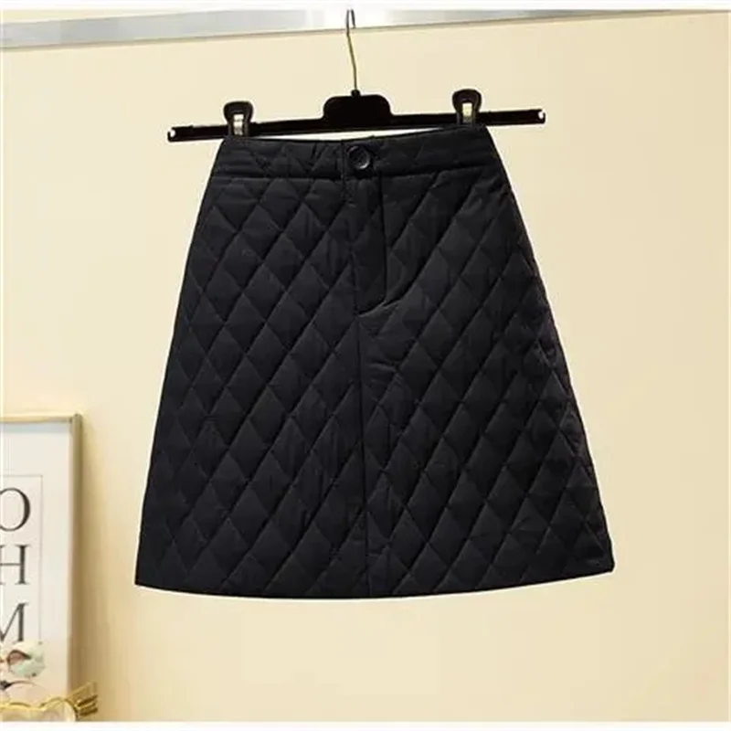 Women Fashion Down Cotton Skirt 2025 Spring Autumn Winter New Khaki Plaid A-line Skirt High Waist Thick Short Midi Skirt Female
