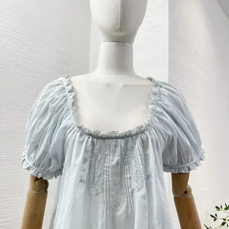 Himmelblau Puff ärmel Frauen süße all-passende Falten Spitze Patchwork hochwertige Sommer Baumwolle Bluse Tops