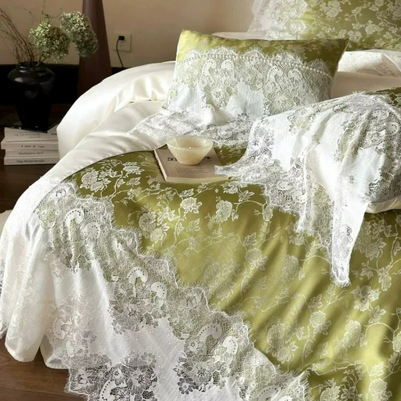 Summer Lyocell fabric 4-piece set princess style jacquard lace edge cool silky smooth duvet cover bed sheet pillowcase bedding