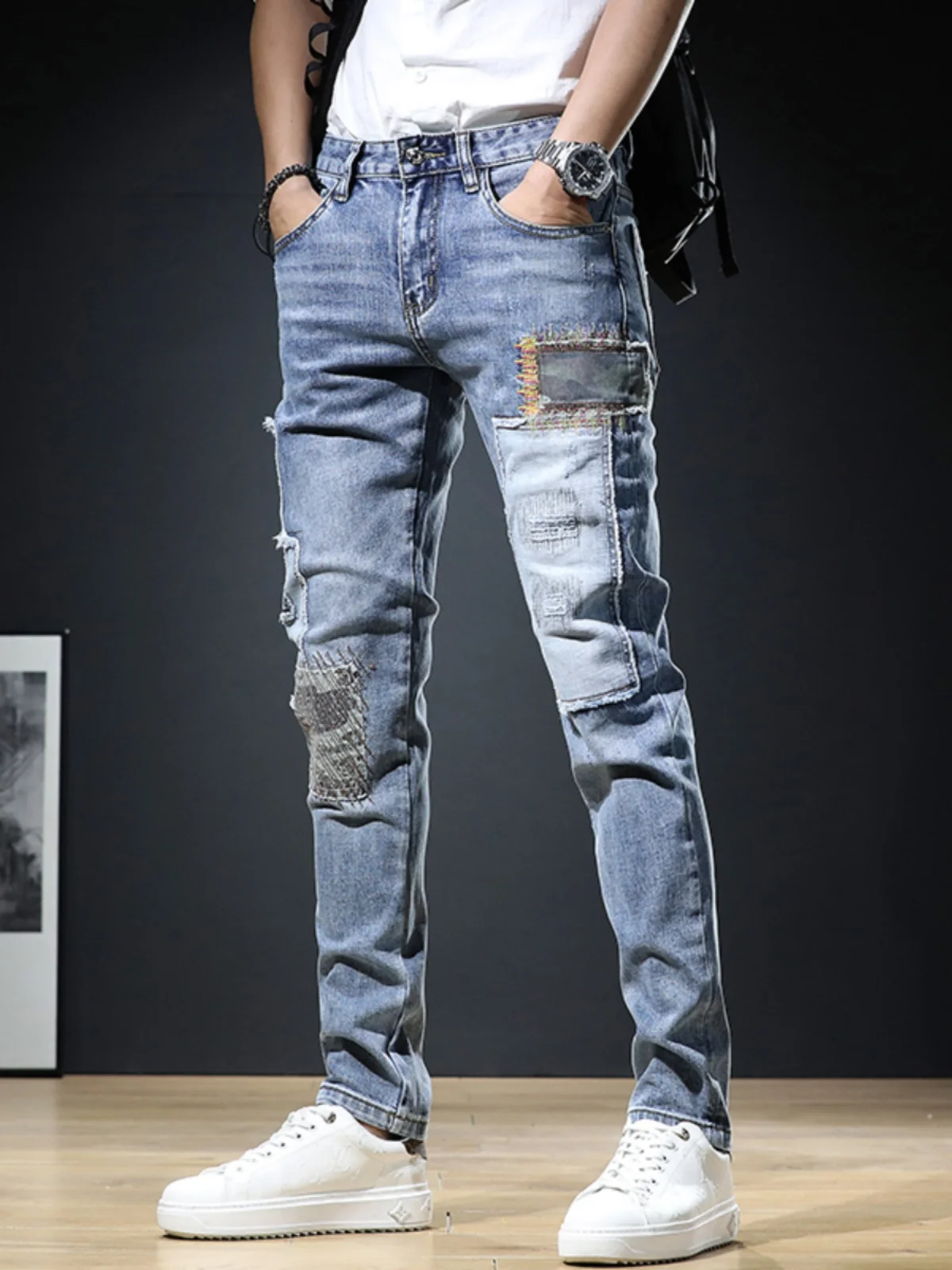 Primavera 2025 Faion Jeans da uomo elastici Patchwork Riparazione Pantaloni in denim slim fit Pantaloni lunghi casual da gioventù Cerniera a vita media