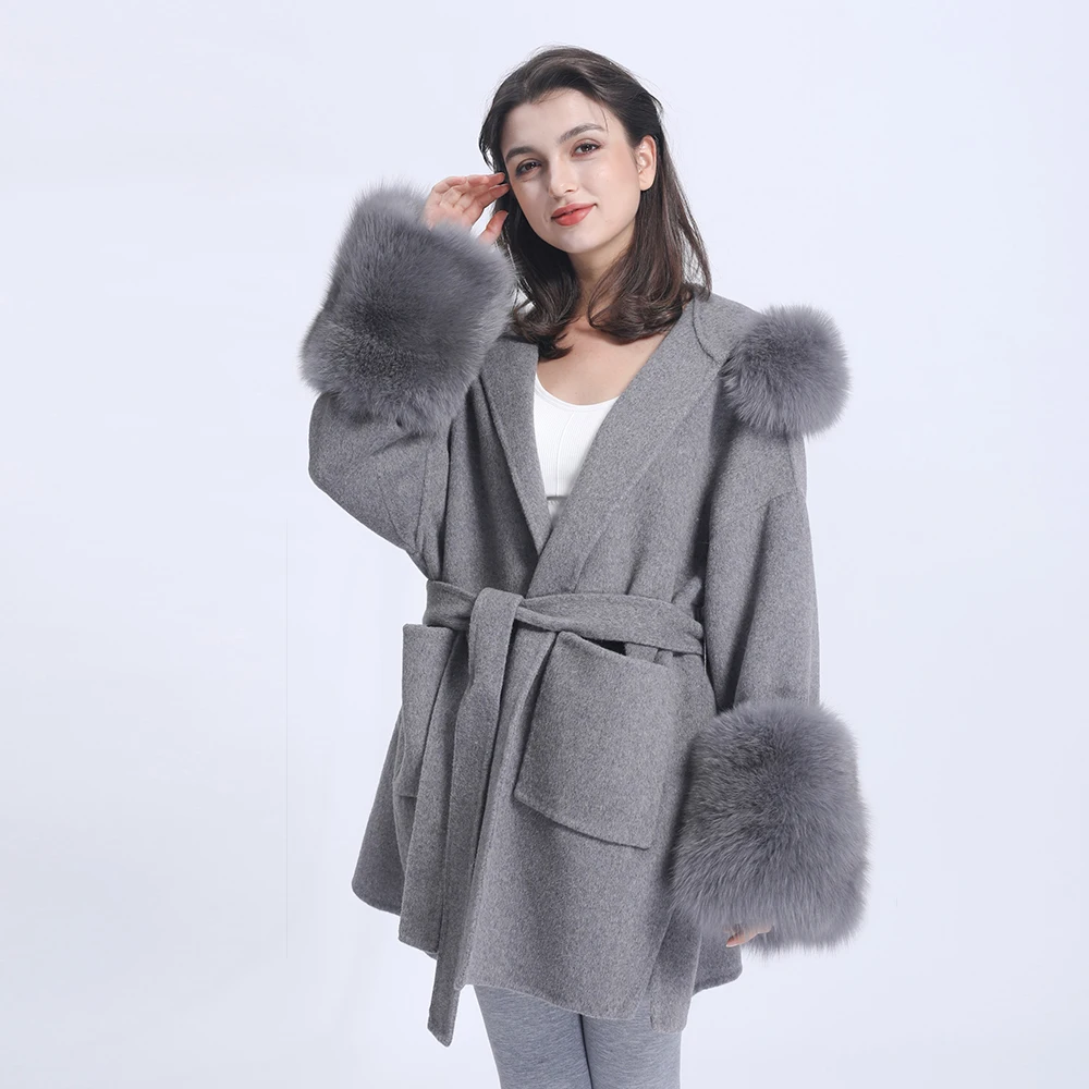 

Janefur Wool Coat With Big Fox Fur Cuff Women Oversize 100% Cashmere Winter Trench Coat