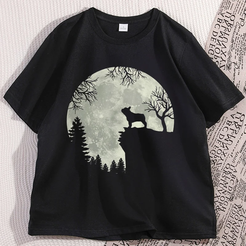 

French Bulldog Moon T-Shirt Men Women Halloween Graphic T Shirts Dog Lover Tshirt Cotton Round Neck Printed Tshirt Comfortable