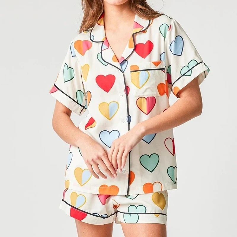 Graphic Pring Button Up Short Sleeve Blouse T-shirt Tops + Shorts Women 2 Piece Set Lounge Pajamas Sleepwear Mathing Outfits