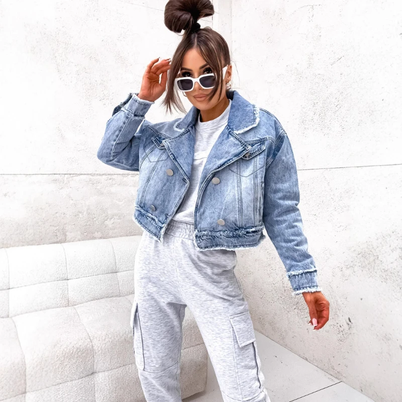 Women Denim Coat Short Coats Turn Down Collar Jacket Work Single Breasted Streetwear Splice Jackets Y2k Casual 2025 Blue Spring