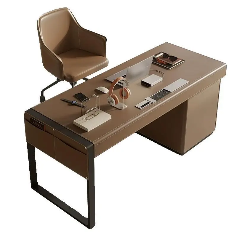 

Lmm saddle leather office study desk writing desk light luxury household computer desk solid wood cabinet