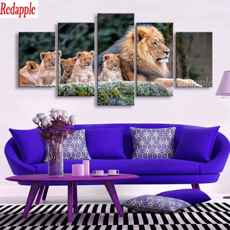 

Diy Diamond Painting Animals Lion with cubs landscape 5 pcs sets Decor full Square Round drill Diamond Embroidery Sale mosaic