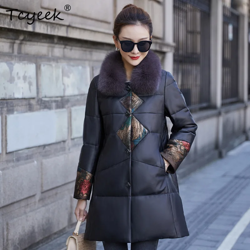 Tcyeek Echtes Schaffell Weiße Ente Sowm Herbst Winter Schwarz Mittellange Damen-Echtlederjacke Ж Ett Byd Mohamed Afrikaans