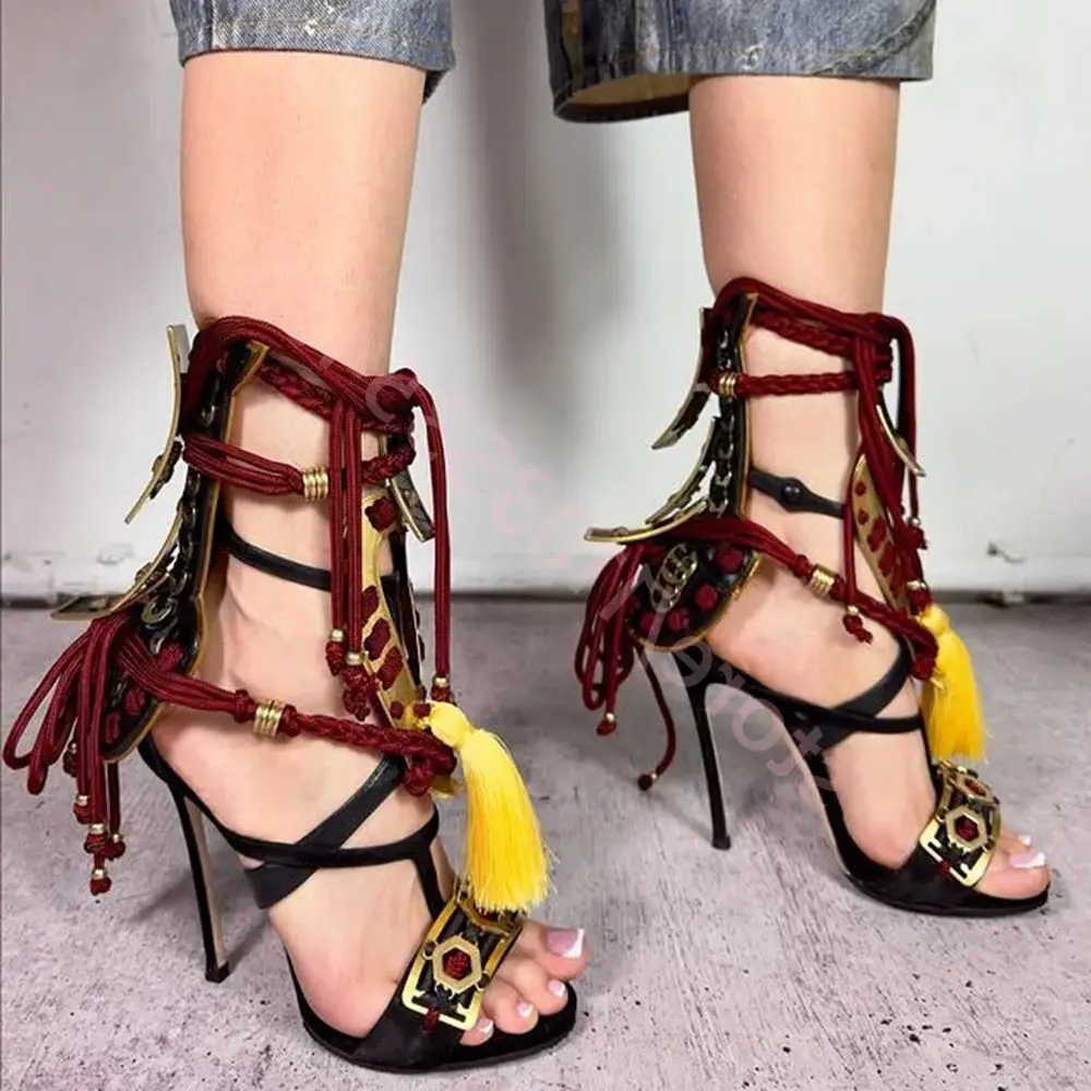 

Летние женские подиумные туфли на шпильке в стиле ретро, 2021, роскошные красные плетеные модные сандалии с кисточками, вечерние повседневные сандалии с открытым носком