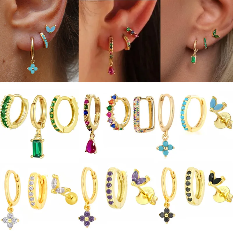 3PCS Colorful Cubic Zirconia Stainless Steel Hoop Earrings Set for Women Pendant Water Drop Earring Cartilage Piercing Jewelry