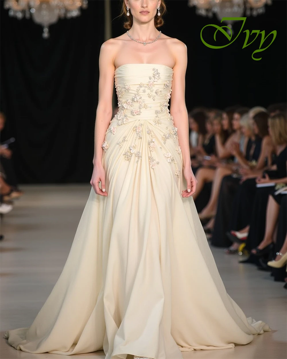 사용자 정의 럭셔리 Strapless 민소매 이브닝 드레스 섬세한 쉬폰 댄스 파티 드레스 기질 꽃 신부 파티 가운