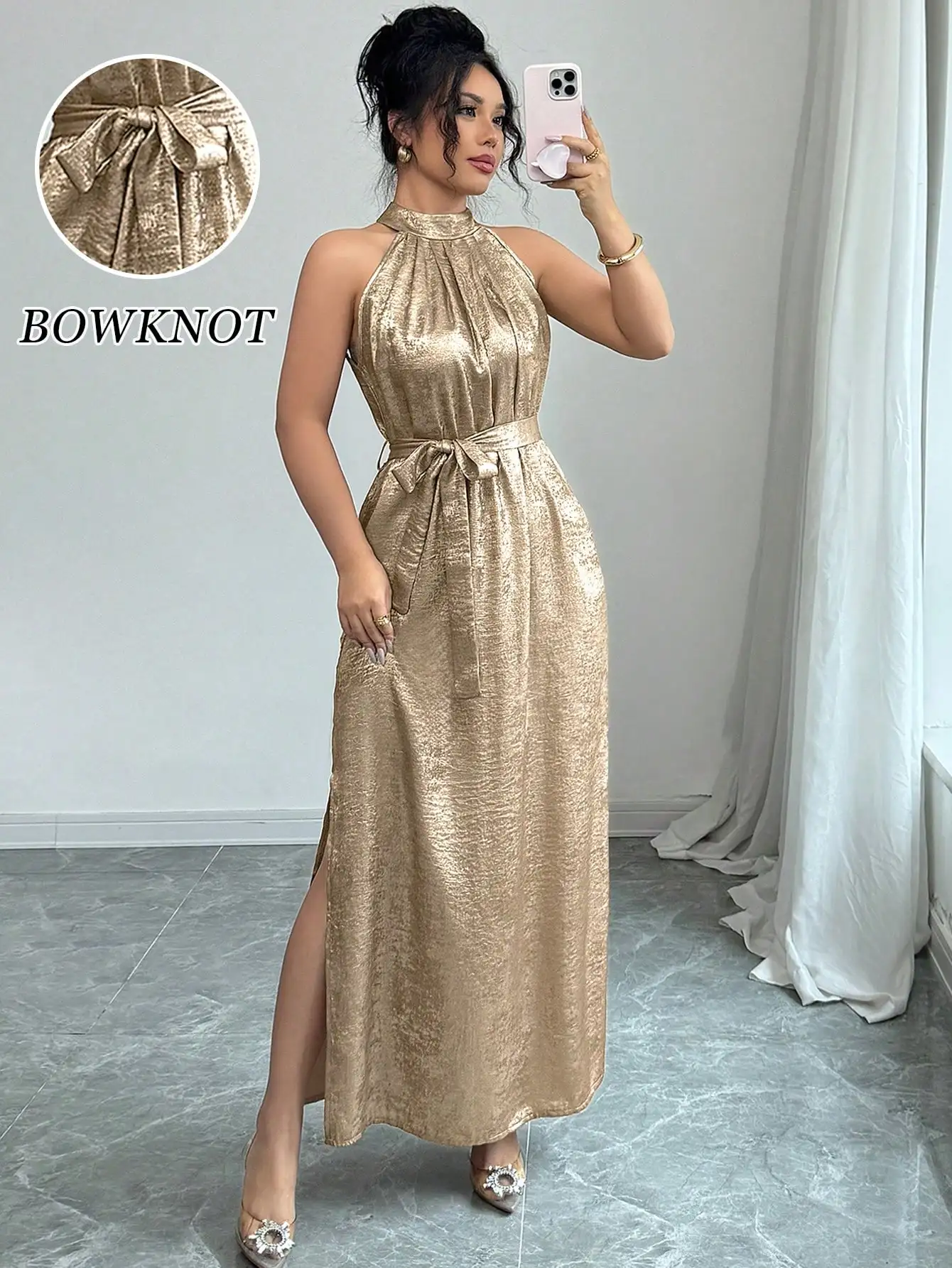 

Женское золотое платье макси с вырезом халтер, бантом на талии и боковым разрезом, элегантное летнее платье для вечеринок