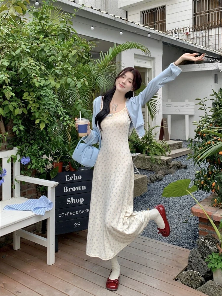 

Женский летний модный комплект: кружевной укороченный топ и платье-комбинация с цветочным принтом и завязками на талии, элегантный наряд для вечеринок для девушек