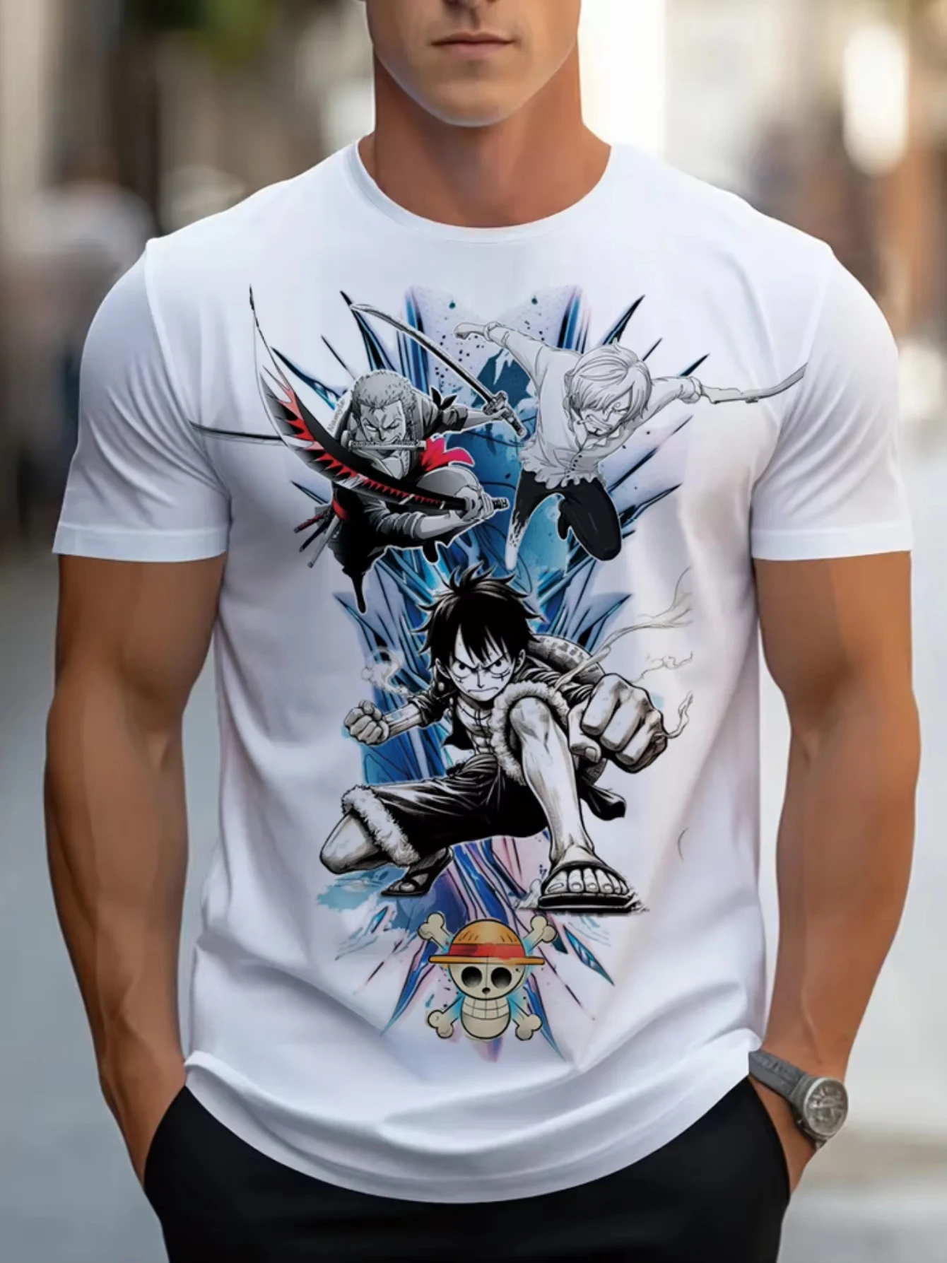 

2026 One Piece Luffy Printed Cotton Short Sleeve Bandai New American Loose Comfortable summer loose men's clothing