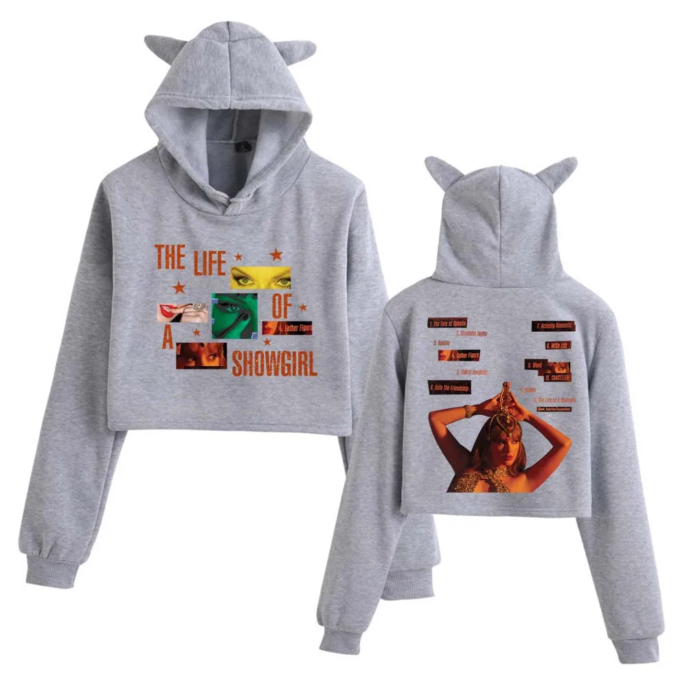 The Life of A Showgirl Album Crop Tops Felpa con orecchie di gatto Felpa con cappuccio alla moda per ragazze a maniche lunghe