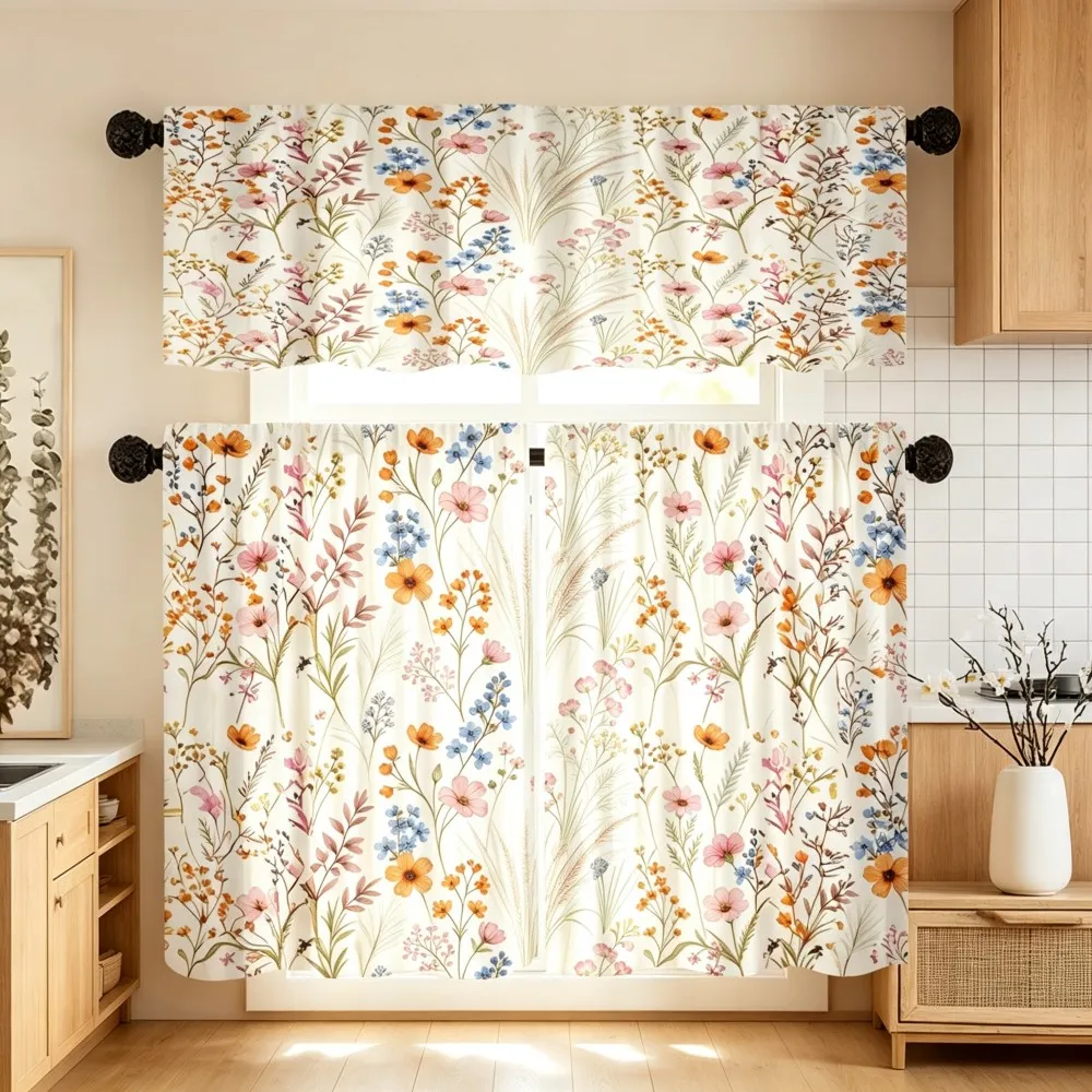 Floral Kitchen Curtains, Wildflower Meadow Colorful, Digital Print, Kitchen Dining Room, Rod Pocket Polyester, Home Decor