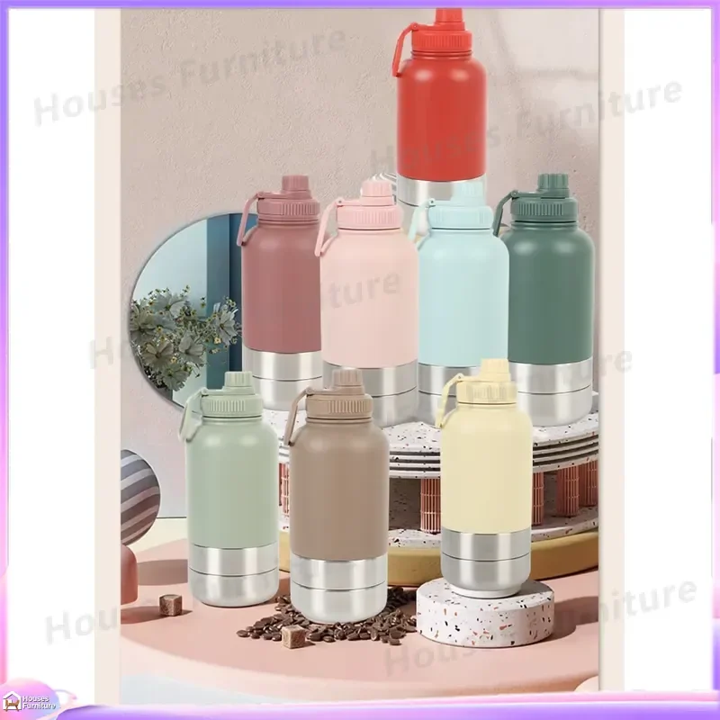 304 Stainless Steel Vacuum Insulated Thermos Bottle 3 in 1 Removable Portable Pet Water and Food Bowl for Dogs Cats Travel