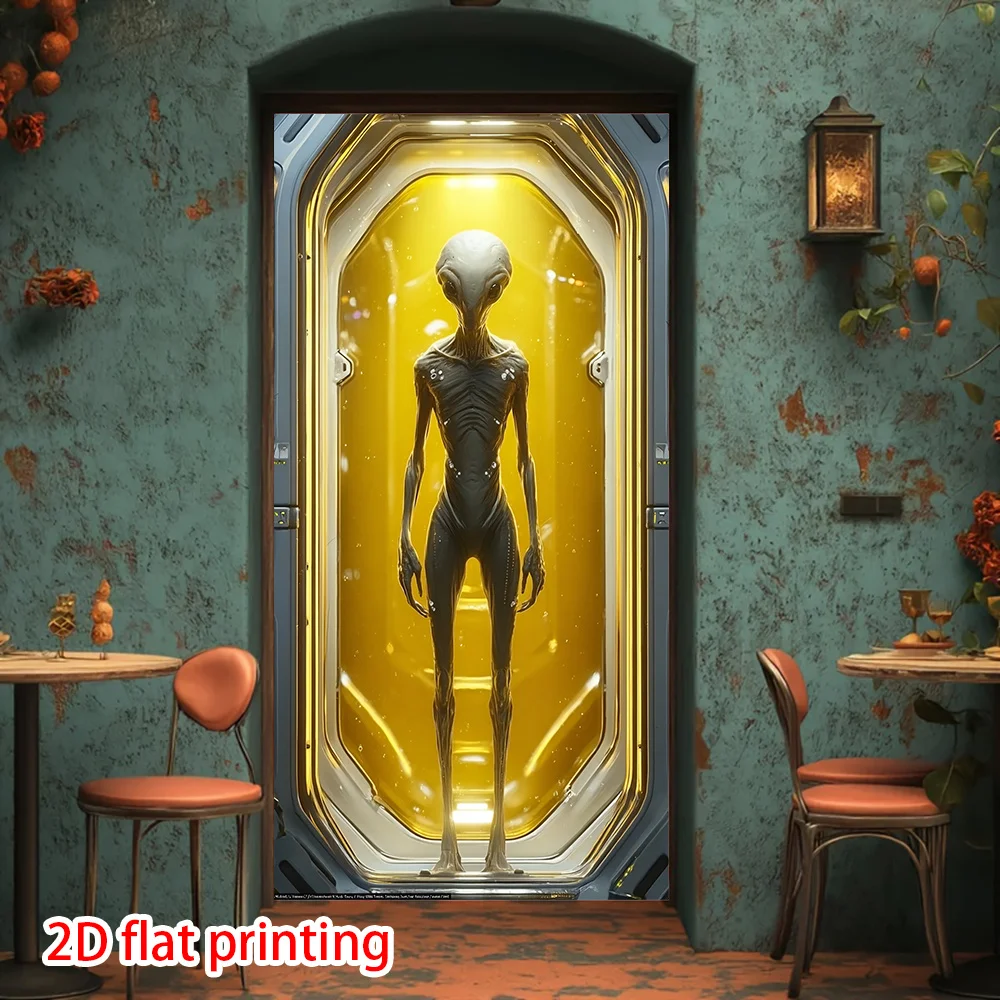 2D-Bildschirm, 2D-Vorhang, 1 Vorhang mit außerirdischen Raumschiffen – Sci-Fi-Raumschiffkorridor mit Paneelen und außerirdischen Charakteren – Detail 1