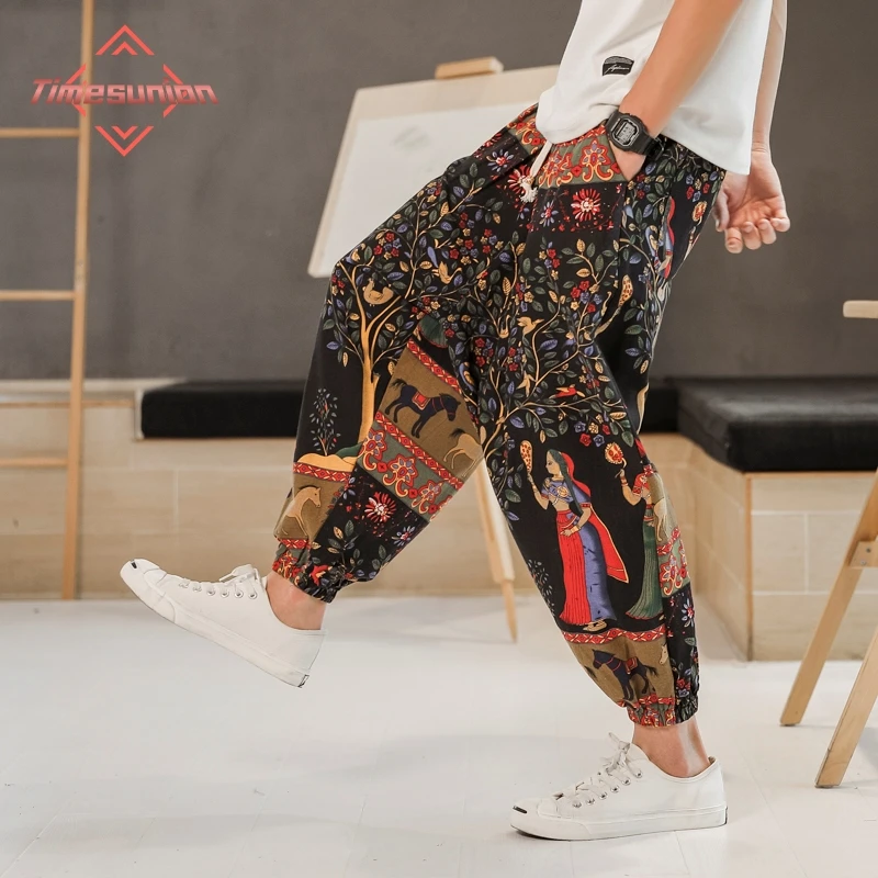 

Chinese Style Man Pants Spring Summer Breathable Cotton Linen Pants Men Harem Pants Printed Casual Pants Loose cropped pants