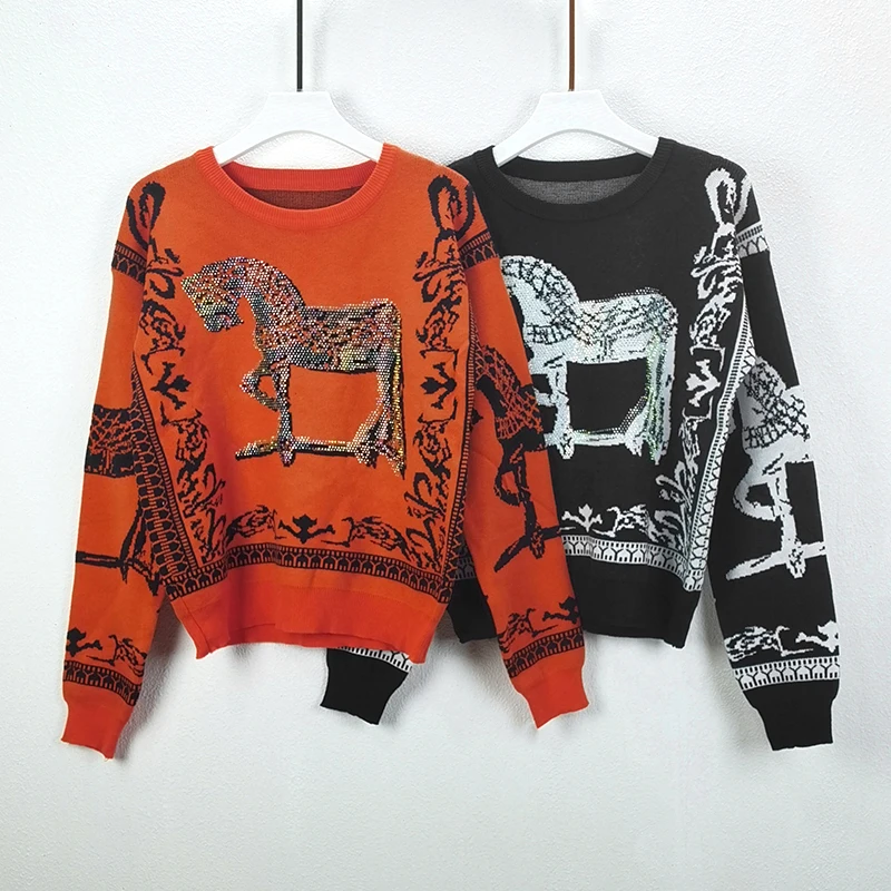 Autumn Winter Knit Pullover Sweater H Horse Rhinestone Pattern Women Top Coat Luxury Brand Designer Fashion Vintage Y2k Clothing