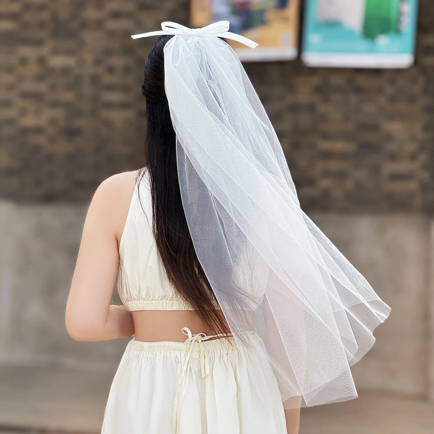 

V503 Super Fairy Bowknot Bridal Veil Simple Single Layer Short Style Proposal Photo Prop Headpiece