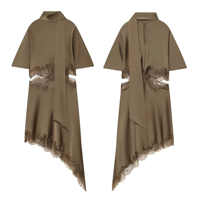 HXAO Spitzenkleider für Damen, Sommer, schwarzes Midi-Satin-Kleid, asymmetrisches, kurzärmeliges Kleid, elegantes, kokettes Partykleid – Detail 3