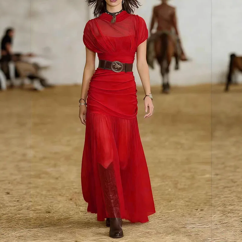 New Spring O Neck Splicing Mesh Long Dress Woman Sexy Hollow Slim Pleated Dress Boho Style Long Sleeve Solid Elegant Party Dress