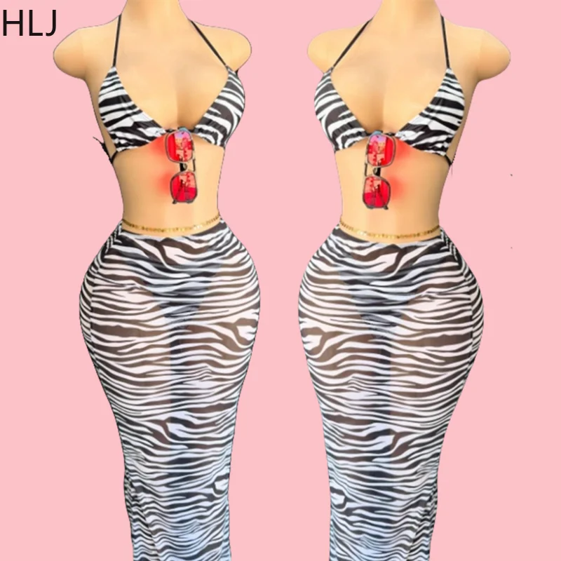 

HLJ Sexy Zebra Print 3 Piece Sets Woman Outfit Spaghetti Strap Top + Lace Up Underpants + Slit Skirt Suit Female Beachwear New