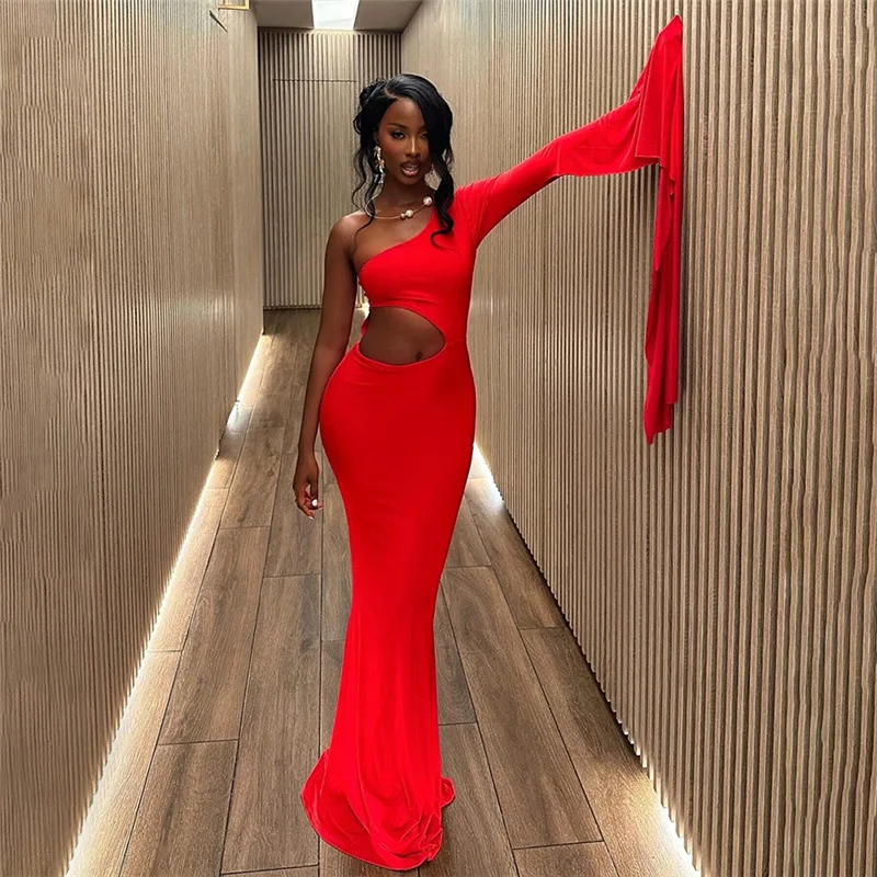 DSMTRC Sexy Red Black Evening Party Dress Women Elegant Vestidos 2025 Asymmetrical Cut Out One Shoulder Mermaid Maxi Dresses