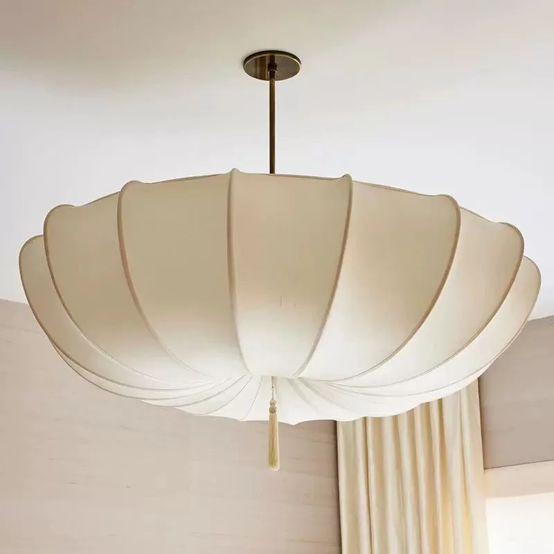 Cream Fabric Pendant Light Umbrella Shape Pendant Lamp Modern LED Chandelier for Living Room Dining Room Hotel Wabi Sabi Lights