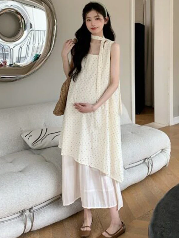 

Extra Large Size Maternity Dress Slim Summer Sleeveless Polka Dot Vest Dress Age-Defying Casual Loose Fit Iron-Free Fabric