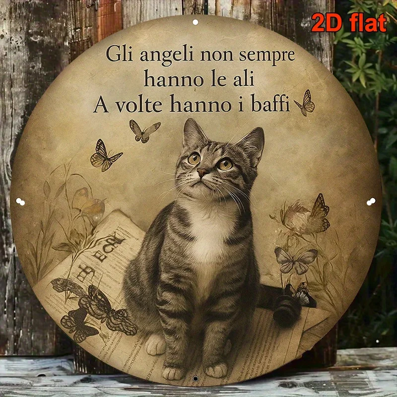 2D Flat, Vintage Italian Proverb Cat & Butterfly Metal Wall Decor - 20.32x20.32cm Round Beige & Brown Tabby Cat Art with Italian