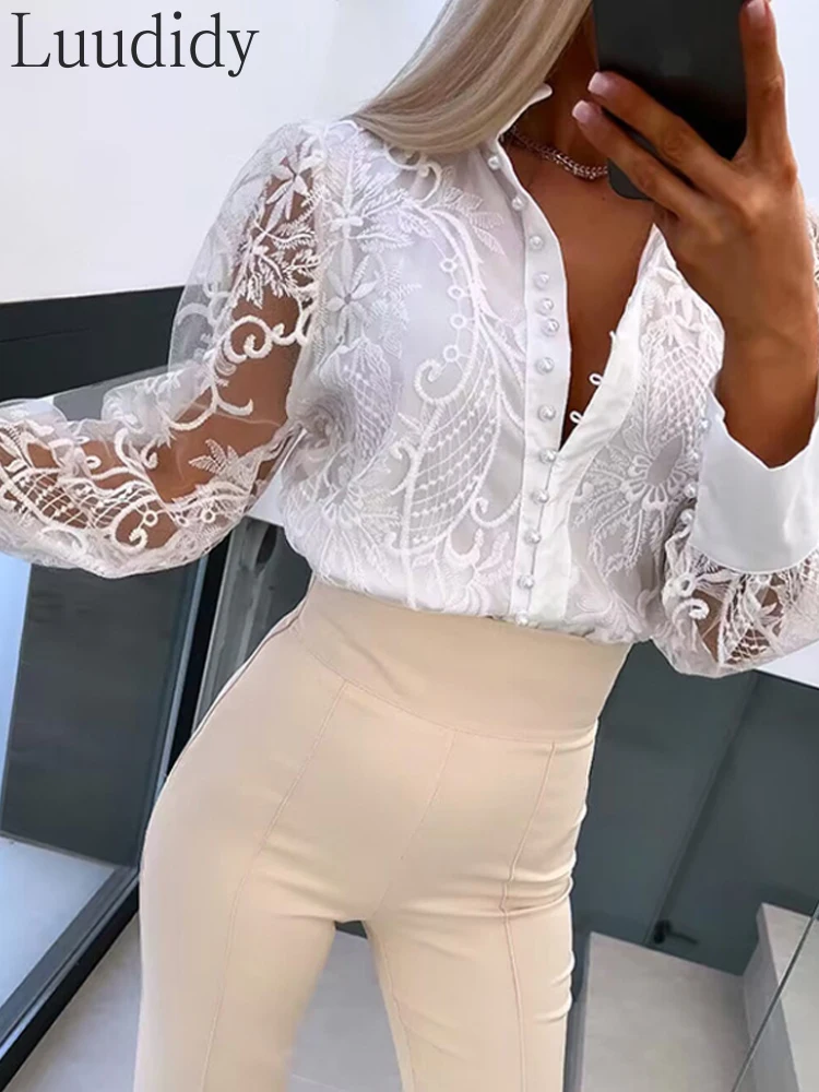 

Women Sexy Pearls Decor Buttoned Lace Top