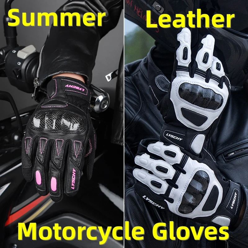 

Men Women Summer Leather Motorcycle Gloves Breathable Genuine Cowhide Racing Motorbike Knight Style Black/White Riding