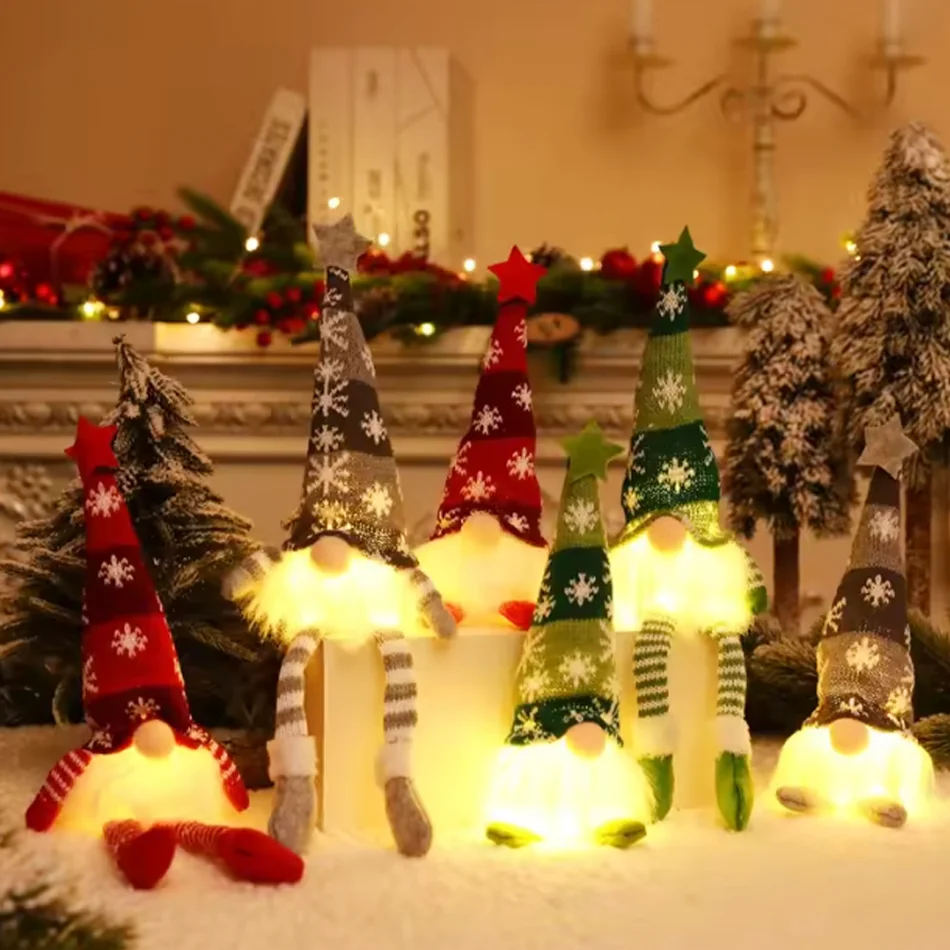 Christmas Faceless Doll Gnome Ornaments LED Light Plush Knitting Crafts Tree Pendant Christmas Decorations for Home Kids Gift