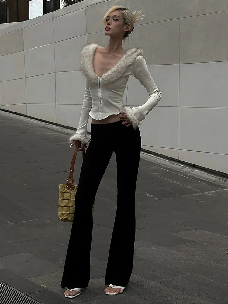 Kliou Plush Patchwork T-Shirts Woman Autumn Trend Low-Neck Single-Breasted Full Sleeve Shape Waist Skinny Stretch Fashion Tops