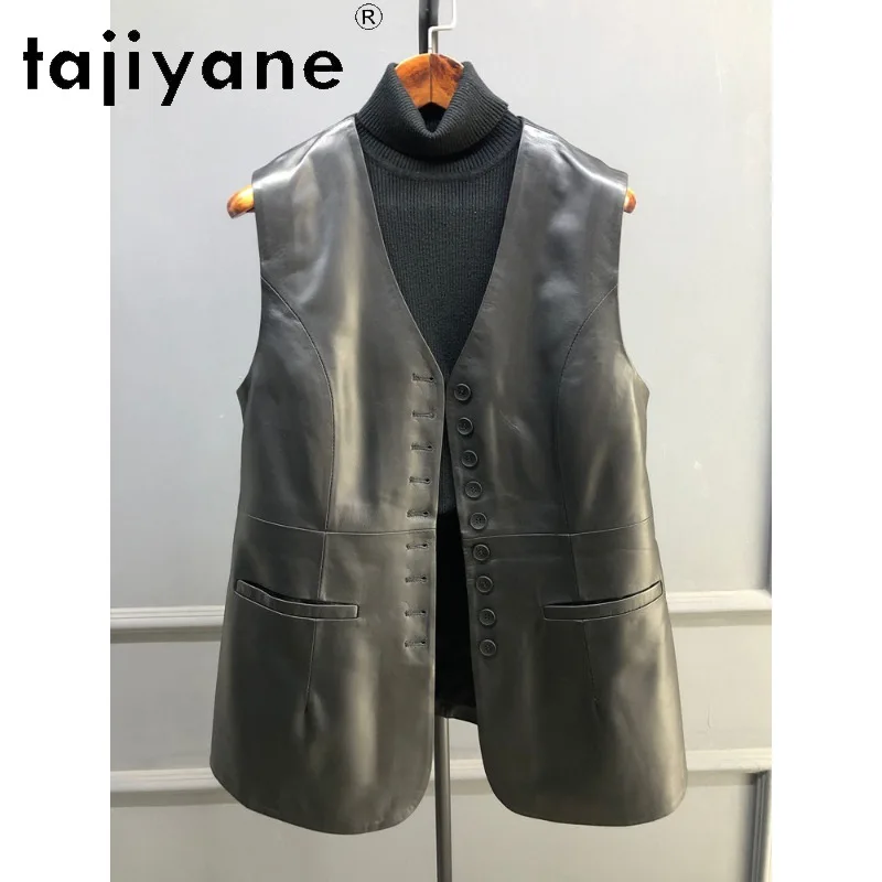 TAJIYANE Genuine Leather Jacket Women V-neck Vest Sheepskin Coat Mid-Length Sleeveless Jackets Vintage Black Leather Veste Femme