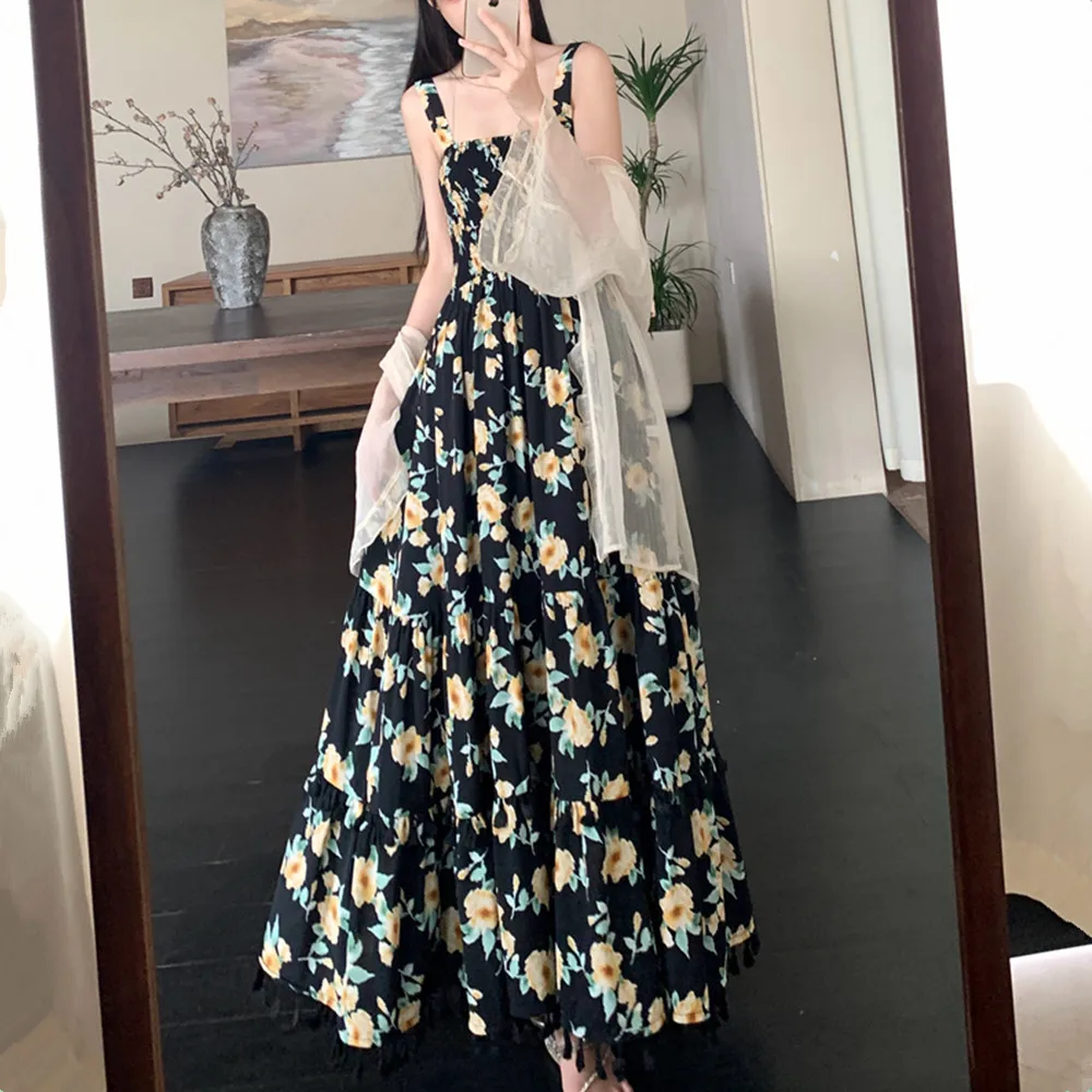 ハイウエスト花柄プリントマキシ丈サマーシンベールオープンカーディガンセット大きいサイズビーチウェア韓国風Aラインドレス